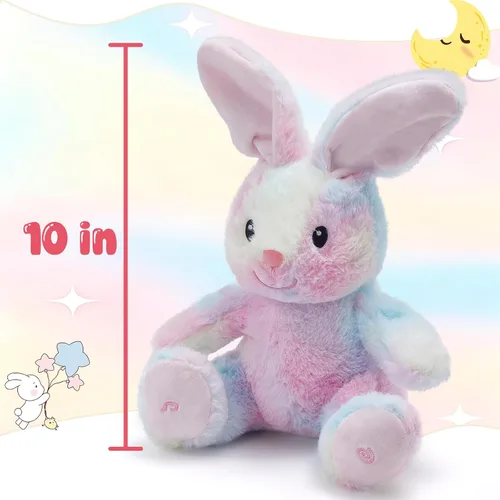 Vista 6 de Glow Guards Peek-a-Boo - Peluche de conejo de 10 pulgadas, juguete de peluche de conejo arcoíris que canta, juguetes de peluche interactivos