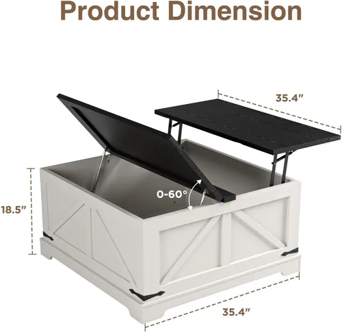 Vista 3 de Vabches Mesa de centro elevable de 35.4 pulgadas con almacenamiento, mesas de centro cuadradas Mesas de centro de granja para sala de estar, mesa
