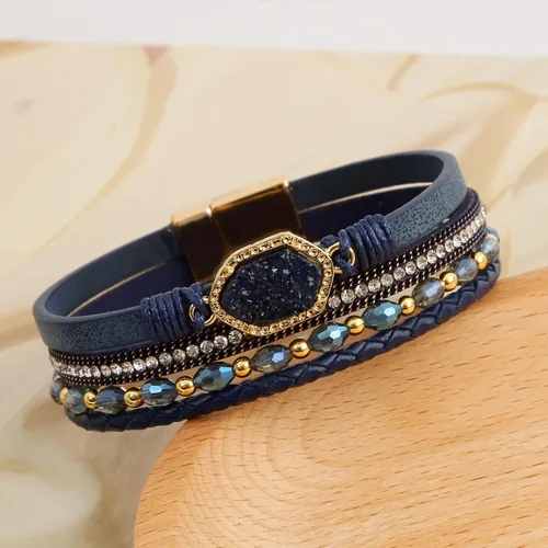 Vista 3 de Jewbelet - Pulsera de cuero estilo bohemio con cuentas de cristal con cierre de joyería para mujer