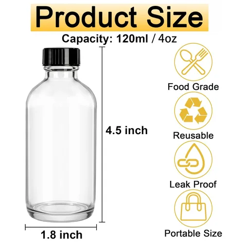 Vista 2 de Bekith Paquete de 24 botellas redondas Boston transparentes con tapa de cono de polietileno negro, botellas de vidrio transparente de 4 onzas