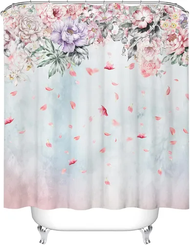 Vista 4 de Tititex Juegos de Cortinas de Ducha de Rosas Lilas Rosadas con Flores, Pétalos Florecientes Ruborizados que Caen, Decorativo de Baño 70x70 Pulgadas
