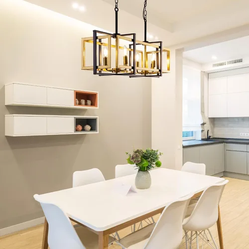 Vista 6 de TOCHIC Lámpara rectangular de 8 luces para isla de cocina, color negro y dorado, moderna lámpara lineal de isla para cocina, isla de cocina