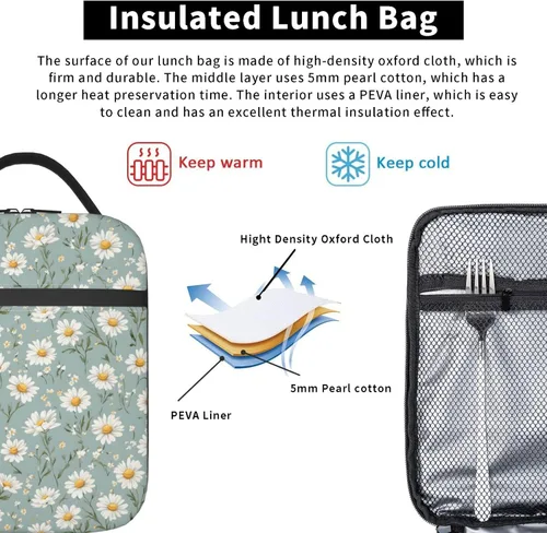 Vista 5 de Lonchera con diseño de margaritas para mujeres, niños, niñas y hombres, lonchera aislada, bolsa de almuerzo para adultos, bolsa de almuerzo
