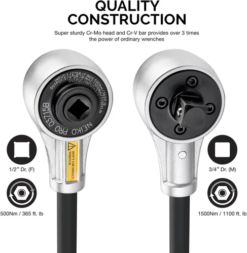 Vista 2 de NEIKO PRO 03715B Llave dinamométrica de accionamiento de 1/2 pulgada, llave multiplicadora de torque resistente de 1100 libras-pie, Cr-Mo