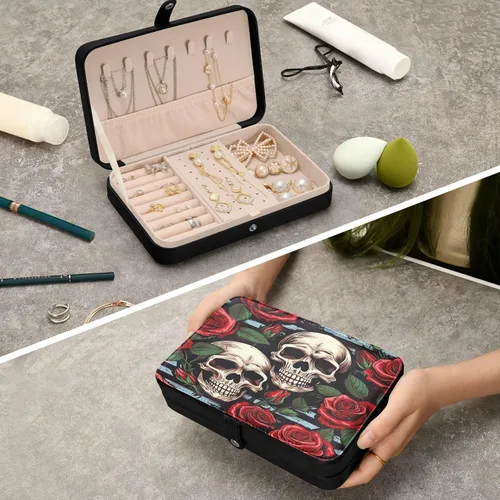 Vista 7 de Flradish Beautiful Rose and Skull Travel Jewelry Box,Portable PU Leather Small Jewelry Organizer for Earrings,Ring,Necklaces,Bracelets