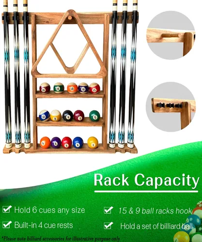Vista 4 de Soporte de pared para tacos de billar de madera maciza para 6 tacos con almacenamiento completo de bola, 4 soportes para tacos, estantes de bolas