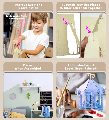 Vista 3 de Puzzled Juego de carrusel de rompecabezas 3D, kit de modelo de construcción de artesanías de madera, divertido y educativo, juguete de madera