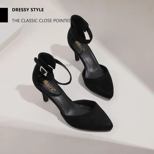 Vista 4 de IDIFU IN3 D'Orsay Zapatos de tacón bajo para mujer, zapatos de vestir puntiagudos con puntera cerrada, correa de tobillo para novia, elegante