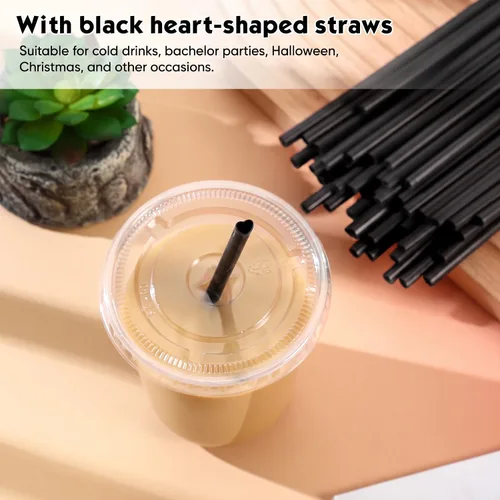 Vista 2 de Ziliny Juego de 50 vasos de plástico de paja negra con pajitas y tapas en forma de corazón, tazas desechables para café helado, mascotas