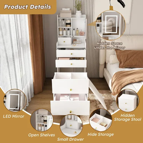 Vista 2 de Runboll - Mesa de Tocador Compacta con Taburete de Almacenamiento y Espejo Iluminado Ajustable, Escritorio de Maquillaje Pequeño 3-en-1 con 4