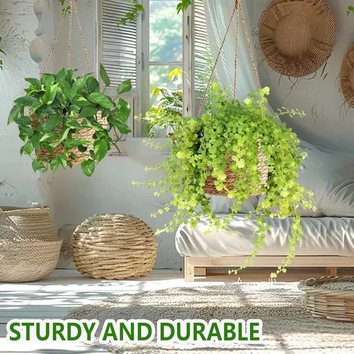 Vista 5 de Maceta colgante de yute tejido de calibre pequeño de 8 pulgadas, cesta para plantas de pastos marinos, soporte decorativo para plantas, ideal