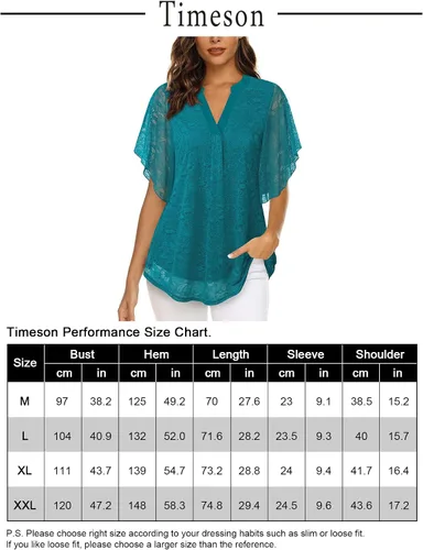 Vista 5 de Timeson Blusas de manga corta con cuello en V para mujer, camisas florales de doble capa de malla