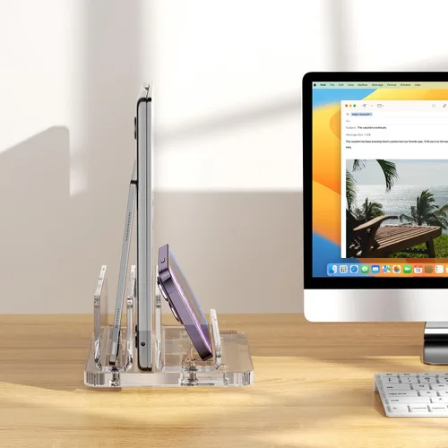 Vista 4 de Soporte vertical acrílico para laptop, diseño 3 en 1 con ancho de ranura ajustable, adecuado para ahorrar espacio de escritorio, compatible