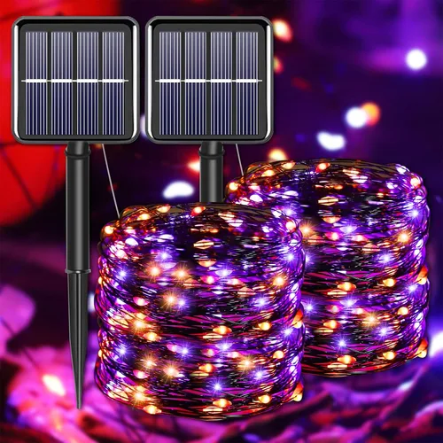 Vista 13 de Tira de luces solares azules de Navidad al aire libre impermeables, 2 paquetes, total 200 LED, 20.1 m, 8 modos, luces de hadas de cobre