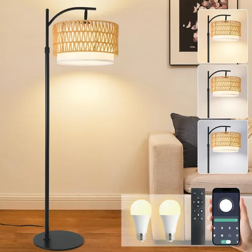 Vista 7 de Lámpara de pie de ratán bohemio para sala de estar - Diseño de arco dorado, LED 12W (1 en uso + 1 de repuesto), control remoto y regulable de 3