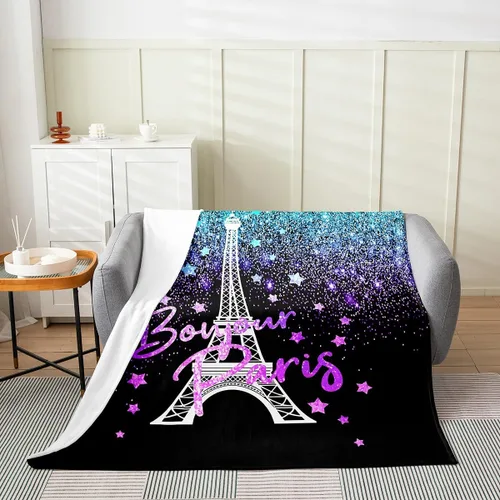 Vista 3 de Feelyou Manta de felpa de la Torre Eiffel con purpurina, color azul, morado, pastel, para todas las estaciones, manta de cama para niños, manta