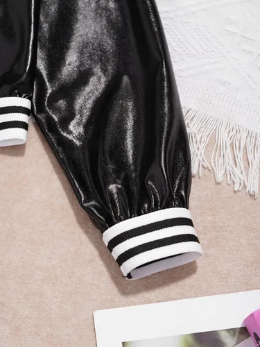 Vista 7 de TiaoBug Disfraz de baile de jazz hip hop para niños y niñas, brillante, metálico, manga larga, chaqueta bomber y pantalones deportivos