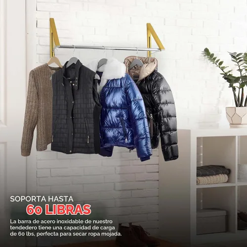 Vista 5 de Doble Perchero Plegable para Ropa con Barra Extensible, Perchero de Ropa Retráctil Montado en Pared para Secador de Ropa, Percha de Secado Colgante