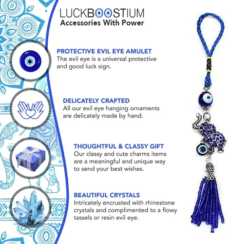 Vista 5 de LUCKBOOSTIUM Llavero de elefante de ojo malvado con borla de cuentas azules, dije decorativo para auto de mal de ojo y accesorio para colgar