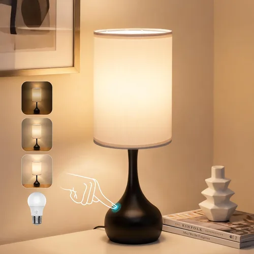 Vista 9 de ONEWISH - Juego de 2 lámparas de mesa de control táctil, de granja, regulables de 3 vías para mesita de noche con pantalla de tela, lámpara