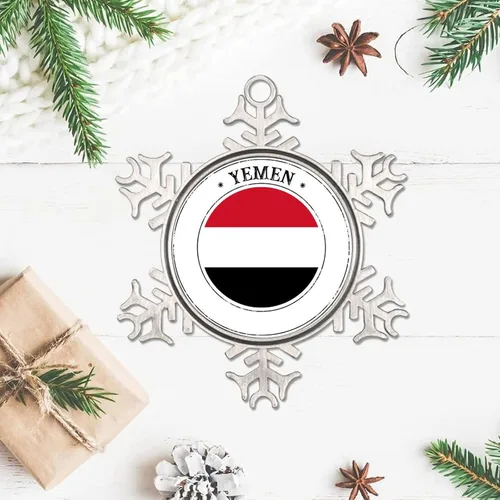 Vista 3 de Adorno de copo de nieve de Yemen, bandera de las naciones de Yemen, adornos de metal, recuerdo de regalo, adornos colgantes para decoración