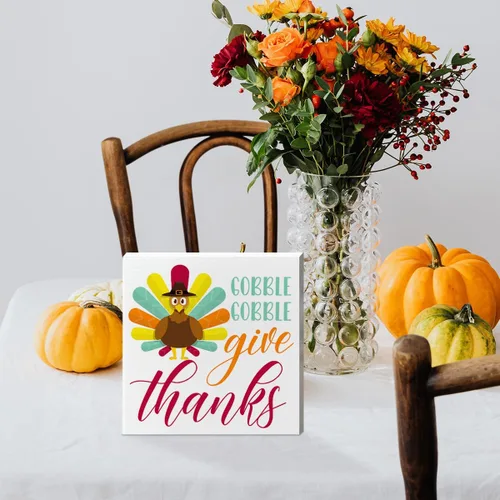Vista 5 de Decoración de mesa de madera de Acción de Gracias, decoración de mesa de otoño con texto en inglés "Gobble Give Thanks", decoración de mesa de otoño