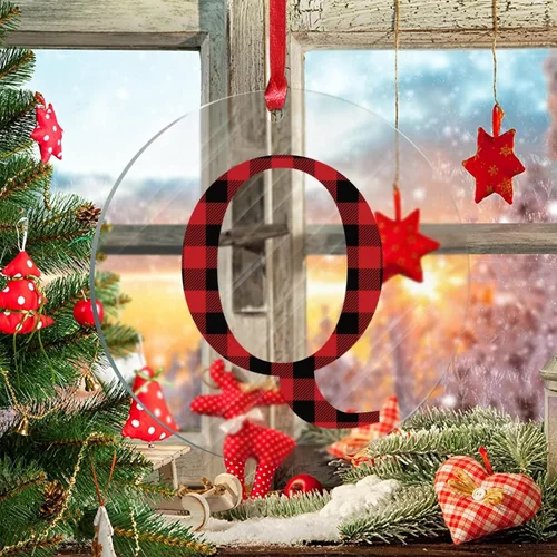 Vista 5 de Adorno de Navidad con monograma personalizado de la letra Q de Navidad, a cuadros rojos y negros, decoraciones de árbol de Navidad, adornos