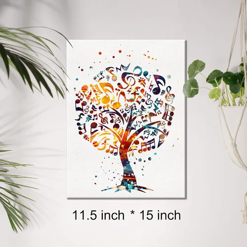Vista 2 de Lienzo con diseño de árbol musical en acuarela, arte para pared, diseño de claves agudas, pintura para sala de música, decoración de pared