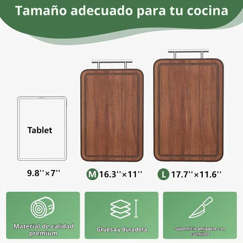 Vista 3 de Tabla de Cortar de Acero Inoxidable y Madera de Doble Cara Tablas de Cortar para Cocina - 2 en 1 Ébano Metal con Mango Resistente a Rayones Carne