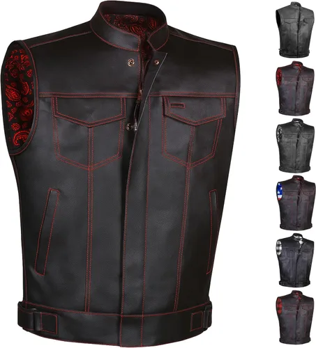 Vista 16 de SOA - Chaleco de motocicleta para hombre, piel de búfalo de alta calidad, armadura trasera, bolsillos interiores, chalecos de club de motociclista
