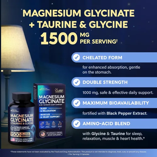 Vista 7 de Glicinato de magnesio – Apoyo para el sueño y la relajación – Glicinato extra fuerte, glicina y taurina 1500 mg – Suplemento de magnesio