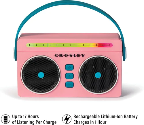 Vista 2 de Crosley CR3050A-FG Mini Boombox Altavoz Bluetooth Portátil Retro con Luces LED, Flamingo