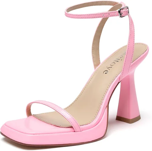 Vista 12 de Reitoye Tacones de tiras para mujer, con plataforma, tacones altos y gruesos, sandalias de tacón cuadrado con puntera abierta, correa de tobillo