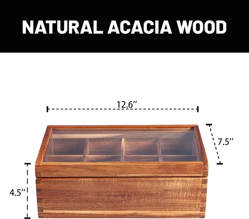 Vista 2 de KITEISCAT Caja organizadora de té de madera de acacia, 8 compartimentos, solución de almacenamiento multifuncional para bolsitas de té