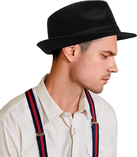 Vista 4 de Sombrero unisex clásico de Manhattan-Gangster-Fedora-Sombrero Trilby de ala corta, para mujeres y hombres, de fieltro de lana, con banda (S/M)