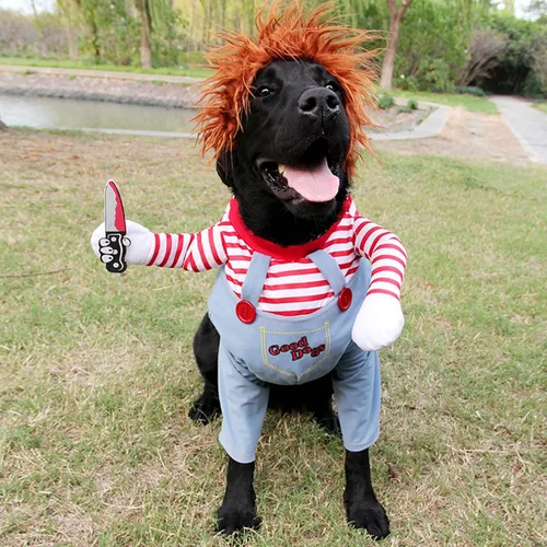 Vista 3 de Disfraz de muñeca mortal para perro, cosplay, Halloween y Navidad, disfraz de fiesta para perros pequeños, medianos y grandes (S)