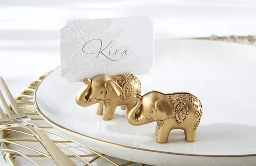Vista 2 de Kate Aspen Lucky Golden Elephant - Portatarjetas de lugar, soportes para fotos, recuerdos de fiesta, decoraciones de boda india, tarjetas