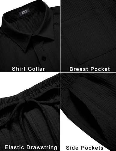 Vista 5 de COOFANDY Conjunto corto de 2 piezas para hombre, camisa de manga corta con botones y pantalones cortos