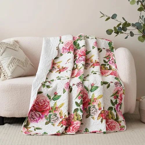 Vista 10 de DaDa Bedding Edredón de regazo floral amarillo, manta acolchada, colibríes, flores rojas de granja para sofá, sofá o cama, bordes festoneados Sol