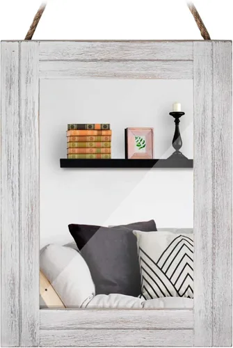 Vista 8 de Espejo de pared rectangular para baño, decoración de madera blanca envejecida con cuerda para colgar para decoración rústica del hogar, tocador
