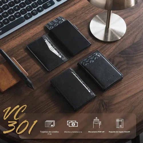 Vista 5 de VULKIT - Billeteras delgadas para hombre; tarjetero desplegable con bloqueo de interferencia de radiofrecuencia; billetera de metal de diseño Negro