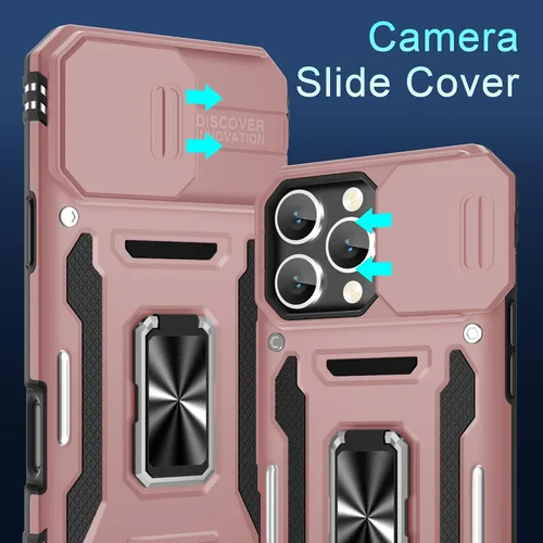 Vista 200 de DEERLAMN Funda para iPhone Xs Max con funda deslizante para cámara + protector de pantalla, soporte giratorio de anillo de grado militar a prueba