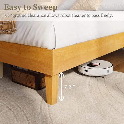 Vista 6 de Yaheetech Base de cama matrimonial con plataforma de madera maciza natural con soporte de listones de madera, espacio debajo de la cama de 12 Madera