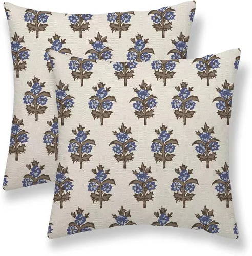 Vista 45 de Juego de 2 fundas de almohada florales de color marrón y gris de 16 x 16 pulgadas, fundas de almohada con estampado de bloques de hojas de flores