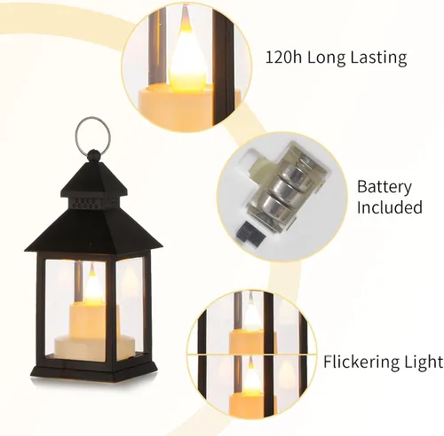 Vista 7 de Romadedi Mini Linternas Decorativas para Centro de Mesa - 10 Piezas de Linternas Pequeñas Negras Colgantes a Granel con Velas LED Parpadeantes