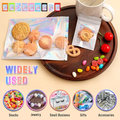 Vista 2 de 100 bolsas holográficas de tereftalato de polietileno, bolsas transparentes resellables, bolsa a prueba de olores, bolsa para pulseras, decoraciones