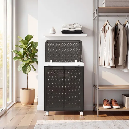 Vista 8 de VECELO Cesta de lavandería con ruedas y tapa, cesta plegable de plástico con asa, carrito de lavandería dividido rodante para espacios pequeños Negro