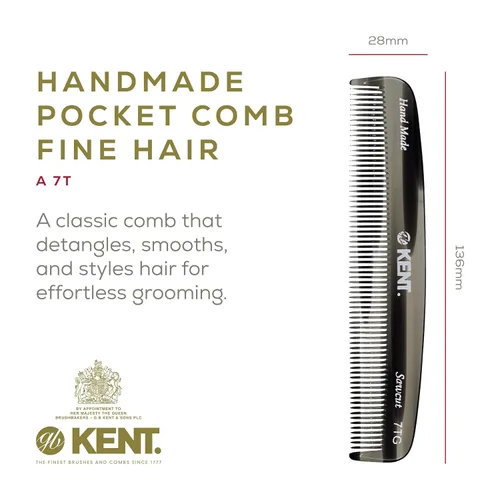 Vista 2 de Kent 7T - Peine de bolsillo de dientes finos de grafito negro para hombres, peine de pelo hecho a mano para hombres para aseo y peinado diario