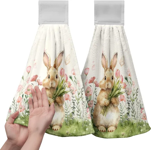 Vista 43 de Honey Bee - Juego de 2 toallas colgantes de cocina de verano con lunares y lazo para colgar, toallas de cocina de granja amarillas, suaves