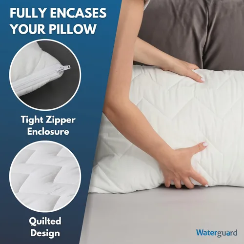 Vista 3 de Waterguard Protector de almohada acolchado, resistente al agua y a prueba de chinches de tamaño estándar con cremallera, fundas de almohada